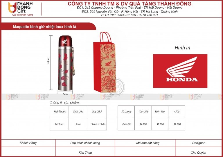 BÌNH GIỮ NHIỆT INOX HÌNH LÁ - HONDA