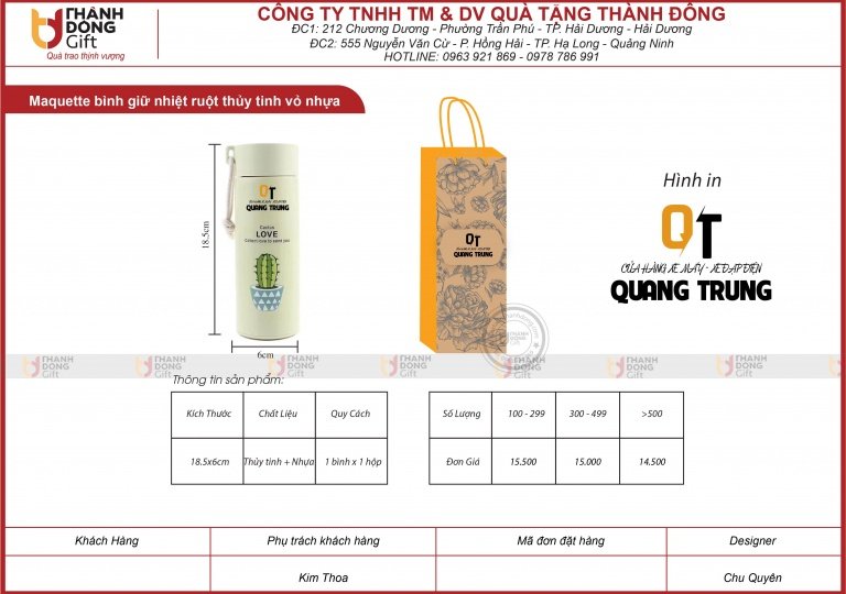 BÌNH GIỮ NHIỆT RUỘT THỦY TINH VỎ NHỰA - QUANG TRUNG 