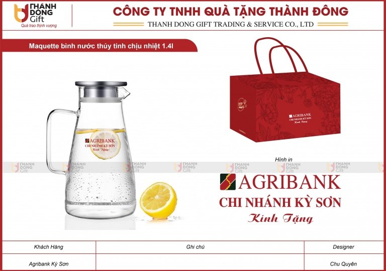 Bình Nước Thủy Tinh Chịu Nhiệt 1.4L - Agribank Kỳ Sơn