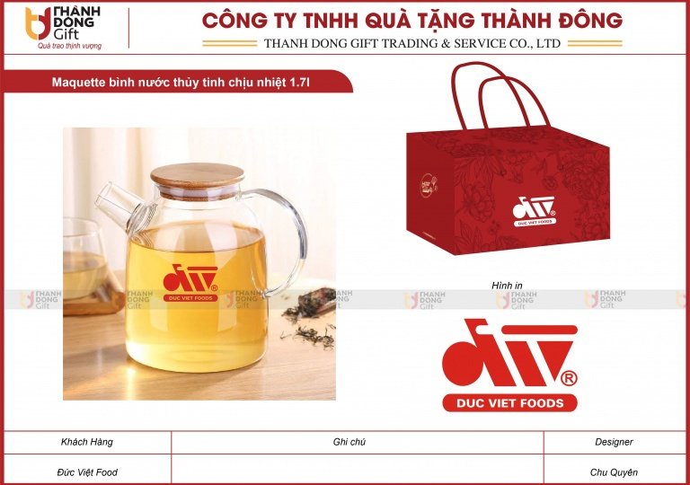 Bình Nước Thủy Tinh Chịu Nhiệt 1.7L - Đức Việt Food