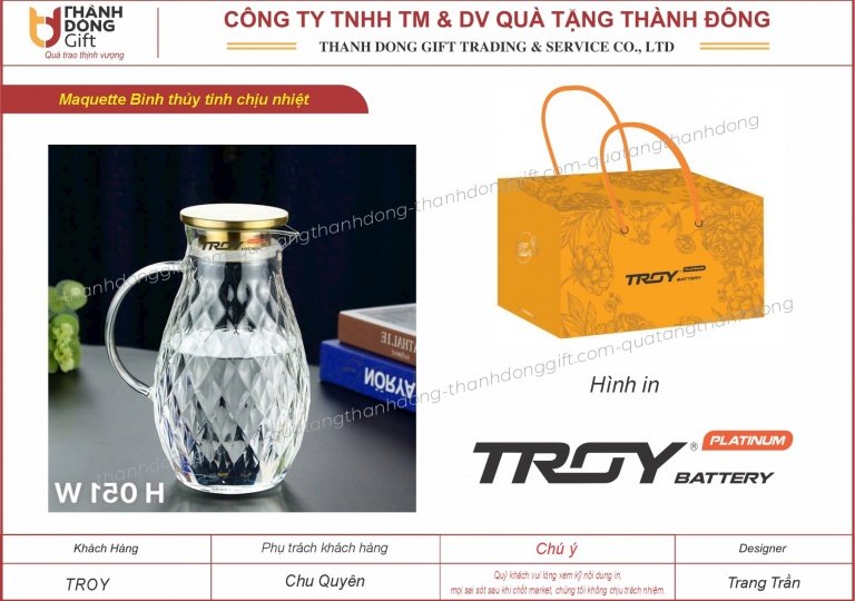 Bình nước thủy tinh chịu nhiệt - TROY