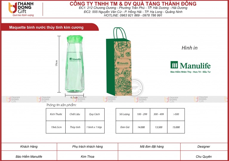 BÌNH NƯỚC THỦY TINH KIM CƯƠNG - MANULIFE