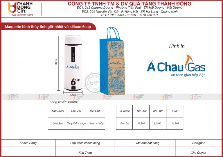 BÌNH THỦY TINH GIỮ NHIỆT VỎ SILICON 6CUP - Á CHÂU GAS