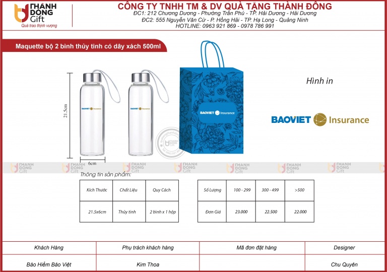 bộ 2 bình thủy tinh có dây xách  500ml