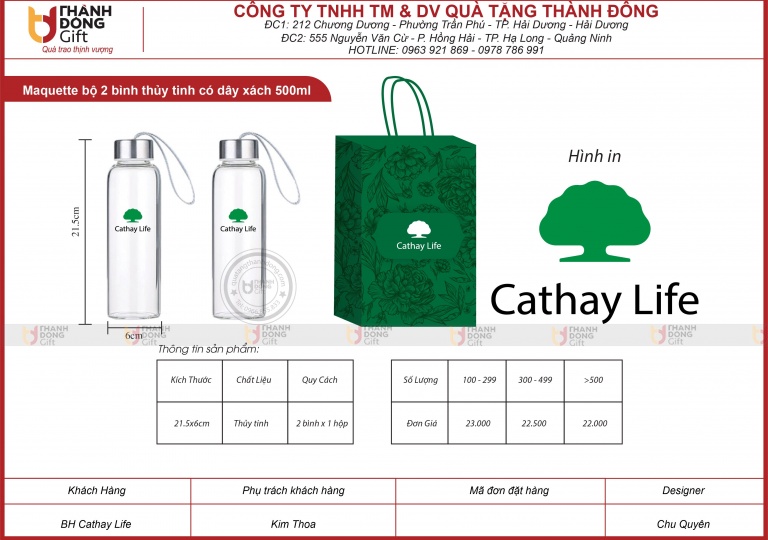 Bộ 2 bình thủy tinh có dây xách 500ml