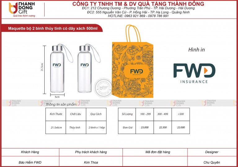 Bộ 2 bình thủy tinh có dây xách 500ml - FWD INSURANCE