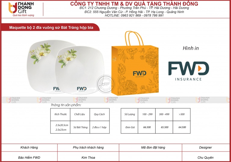 Bộ 2 đĩa  vuông sứ Bát Tràng hộp bìa - FWD INSURANCE