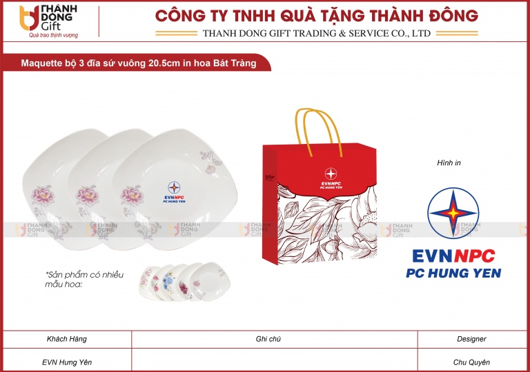 Bộ 3 Đĩa Sứ Vuông 20.5cm - EVN Hưng Yên