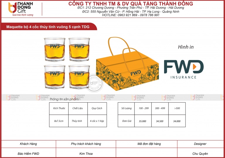 Bộ 4 cốc thủy tinh vuông 5 cạnh TDG - FWD INSURANCE