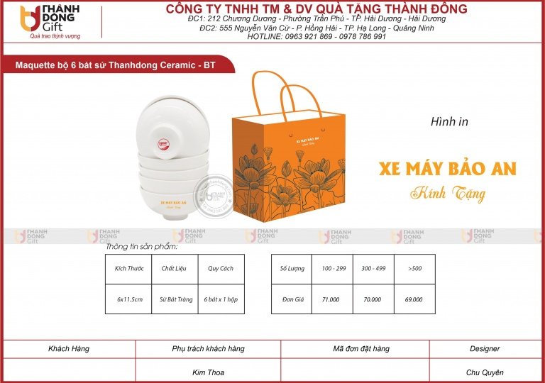 BỘ 6 BÁT SỨ THANHDONG CERAMIC - BT - XE MÁY BẢO AN