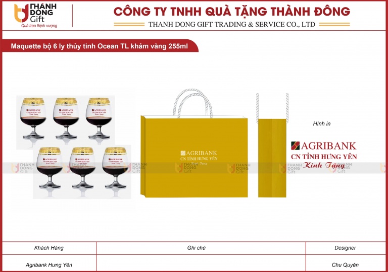 Bộ 6 Ly Thủy Tinh Khảm Vàng 255ml - Agribank Hưng Yên