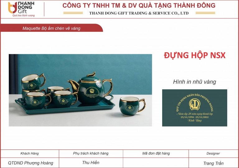 bộ ấm chén men xanh viền vàng - qtd phượng hoàng