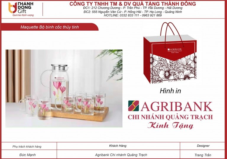 Bộ bình cốc thủy tinh in hoa - Agribank Chi nhánh Quảng Trạch 