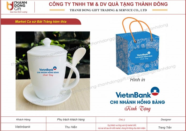 Ca sứ Bát Tràng có nắp kèm thìa, đĩa lót - Vietinbank Hồng Bàng