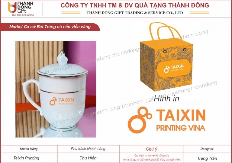 Ca sứ Bát Tràng có nắp viền vàng - Taxin Printing