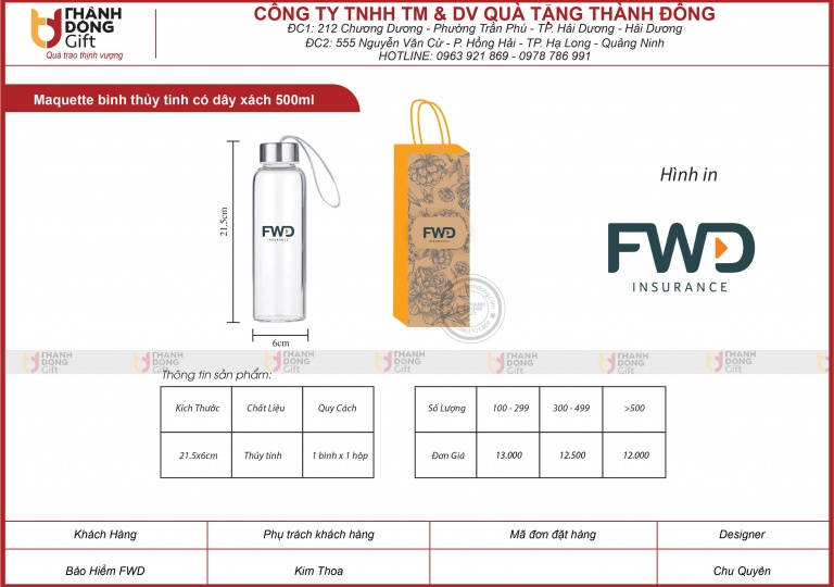 Quà tặng bình thủy tinh có dây xách 500ml - FWD INSURANCE