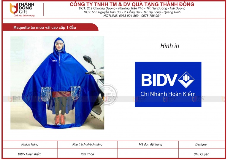 Áo mưa vải cao cấp 1 đầu – BIDV chi nhánh HOÀN KIẾM