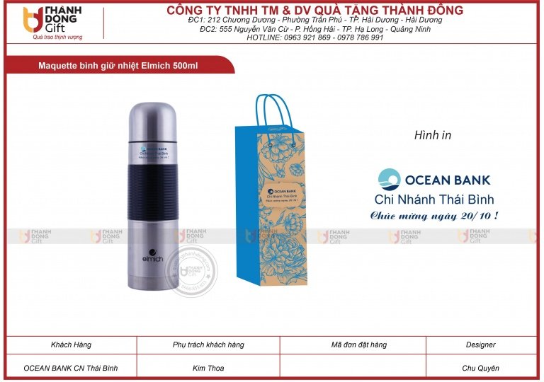 Bình giữ nhiệt Elmich 500ml - OCEANBANK chi nhánh THÁI BÌNH