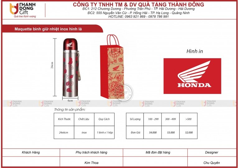 BÌNH GIỮ NHIỆT INOX HÌNH LÁ - HONDA