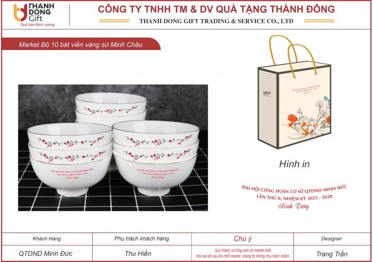 bộ 10 bát cơm hoa sứ minh châu viền vàng - qtd minh đức