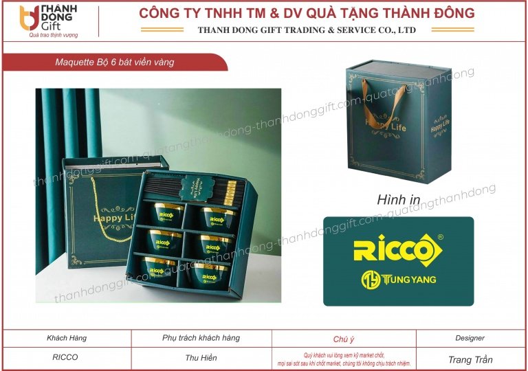 bộ 6 bát men xanh viền vàng - ricco tungyang