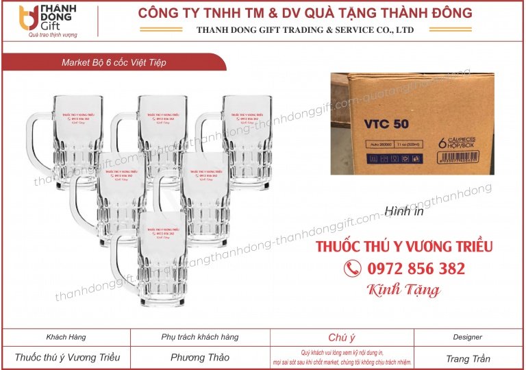 Bộ 6 cốc bia cao thủy tinh Việt Tiệp VTC50 - Thuốc thú y Vương triều