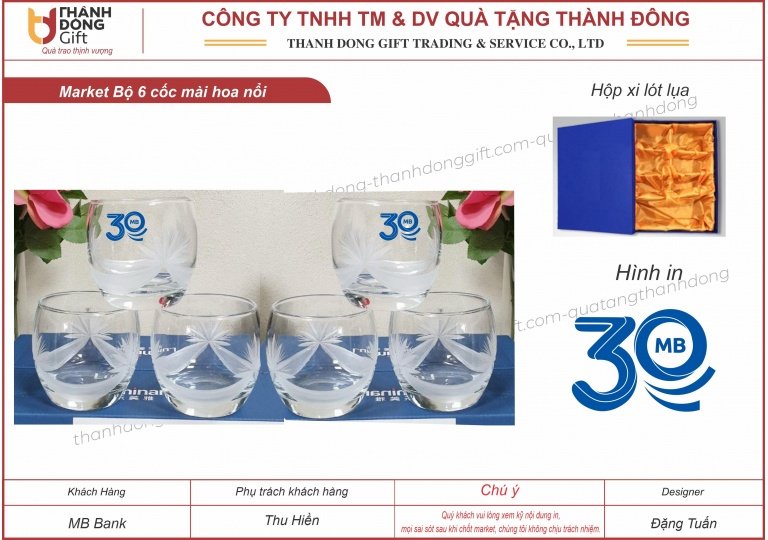 Bộ 6 cốc thủy tinh Luminarc mài hoa - 30 năm MB Bank