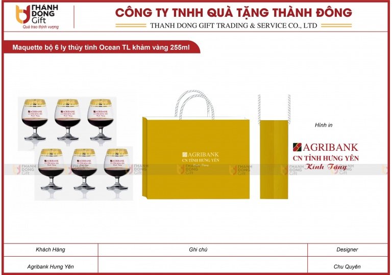 Bộ 6 Ly Thủy Tinh Khảm Vàng 255ml - Agribank Hưng Yên