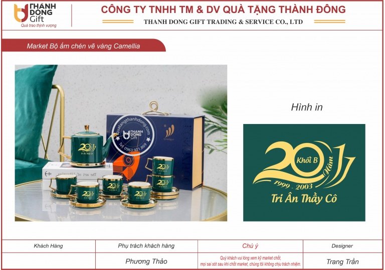 bộ ấm chén men xanh viền vàng - 20 năm tri ân thầy cô