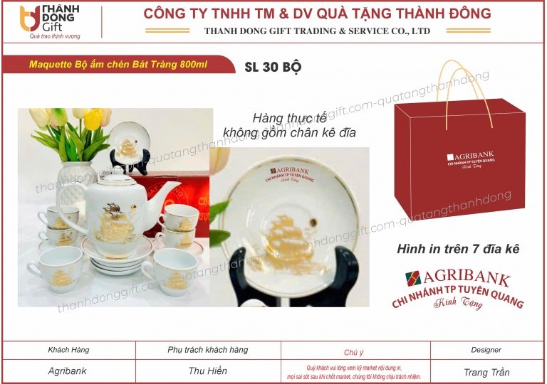bộ ấm hén bát tràng 800ml viền vàng - agribank tuyên quang