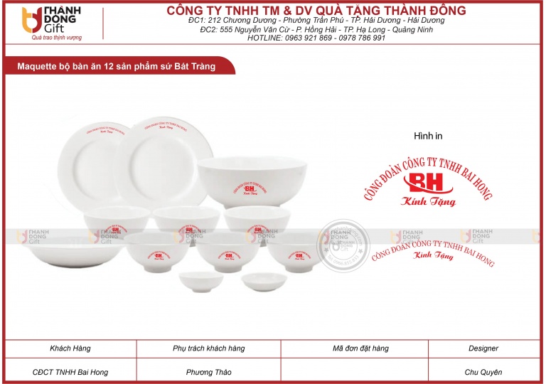 Bộ bàn ăn 12 sản phẩm sứ Bát Tràng - BAI HONG