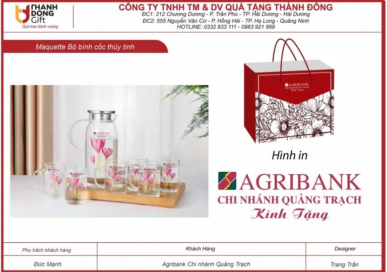 Bộ bình cốc thủy tinh in hoa - Agribank Chi nhánh Quảng Trạch 
