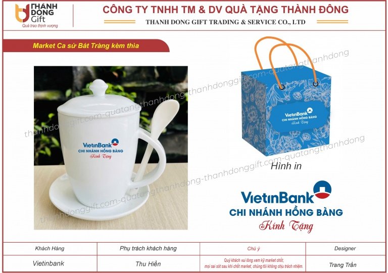 Ca sứ Bát Tràng có nắp kèm thìa, đĩa lót - Vietinbank Hồng Bàng