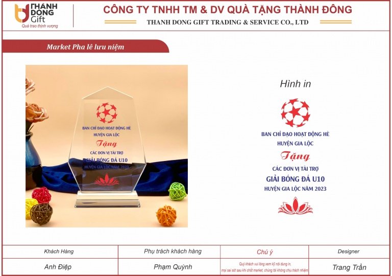 Cúp pha lê lưu niệm - Đội bóng Gia Lộc