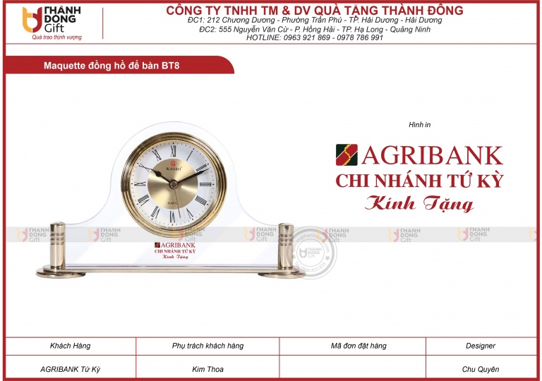 Đồng hồ để bàn BT8 - AGRIBANK chi nhánh TỨ KỲ